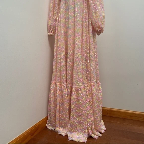 Selkie- Rainbow Sequin Princess Gown Size XS 3/4 Sleeve Sweetheart Maxi Dress - Picture 8 of 16